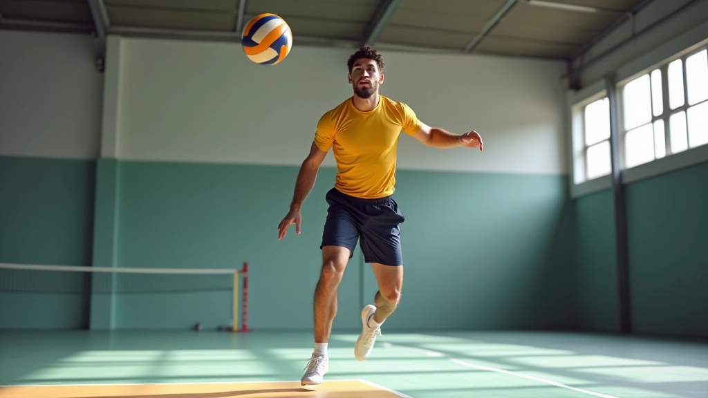 لاعب كرة طائرة في مرحلة الهبوط بعد الضربة الساحقة مع الحفاظ على التوازن والتحكم