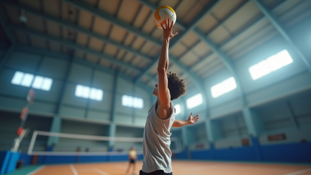 لاعب كرة طائرة يقفز عالياً لضرب الكرة في ملعب داخلي